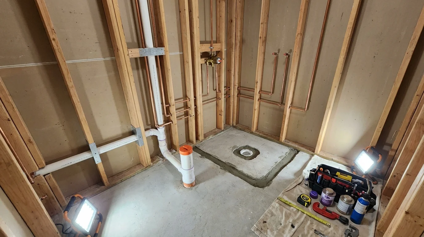 Bathroom rough-in plumbing during remodel by Johns Plumbing LLC in Redwood City