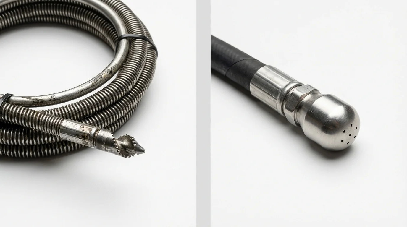 Drain snake cable and hydro jetting nozzle used for drain cleaning in Redwood City, CA