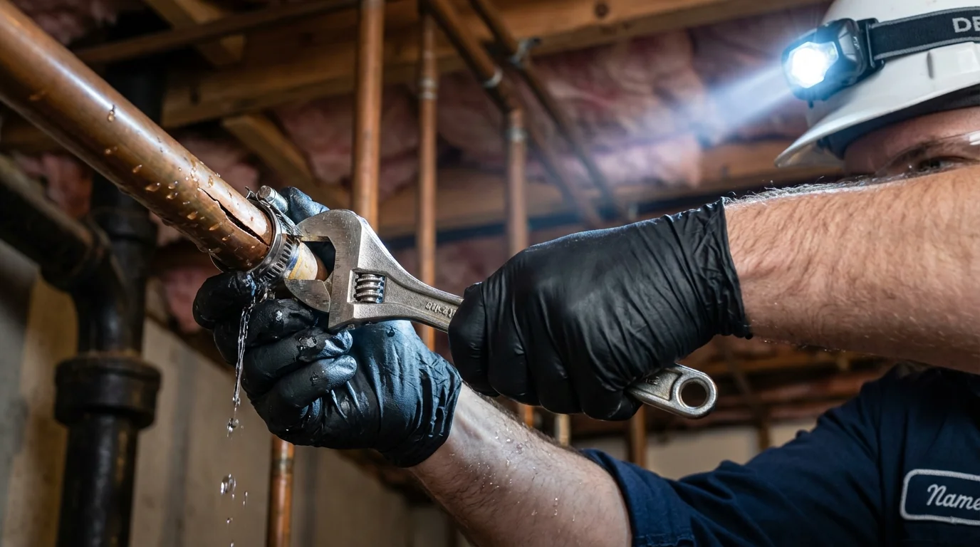 Emergency pipe clamp repair being performed by a Johns Plumbing LLC plumber in Redwood City