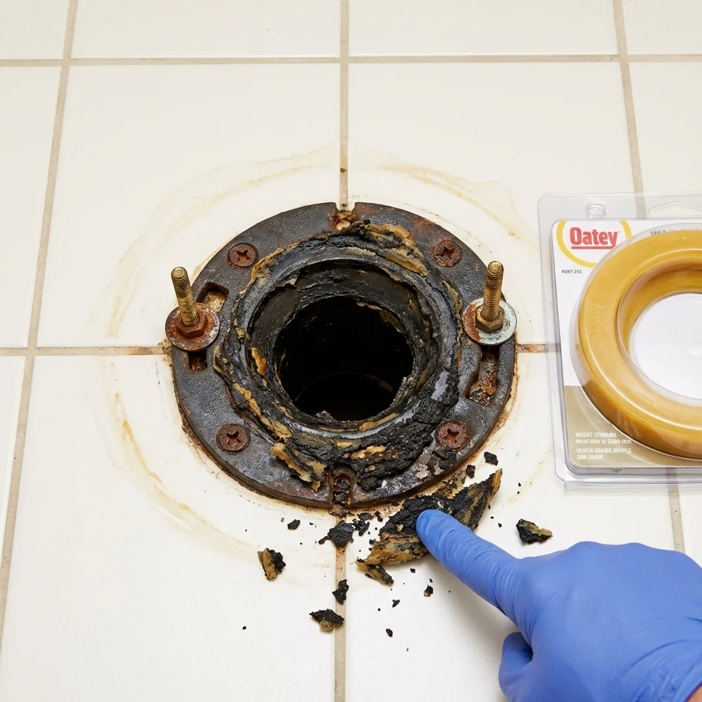 Failed wax ring showing water seepage at the base of a toilet in a Redwood City, CA home