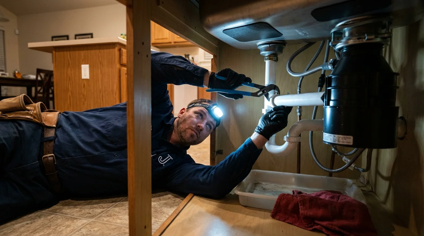 P-trap and supply line connections under a kitchen sink showing a common leak point in Redwood City, CA